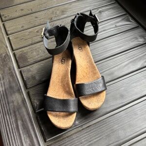 Uggs -- Black Leather Sandals with cork heels